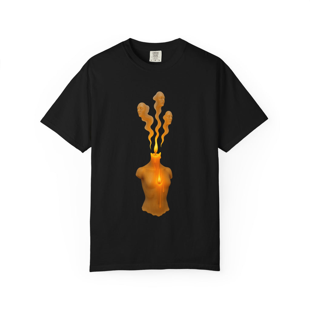 Burning Torso Candle T-Shirt — Artistic Surreal Flame Graphic Tee