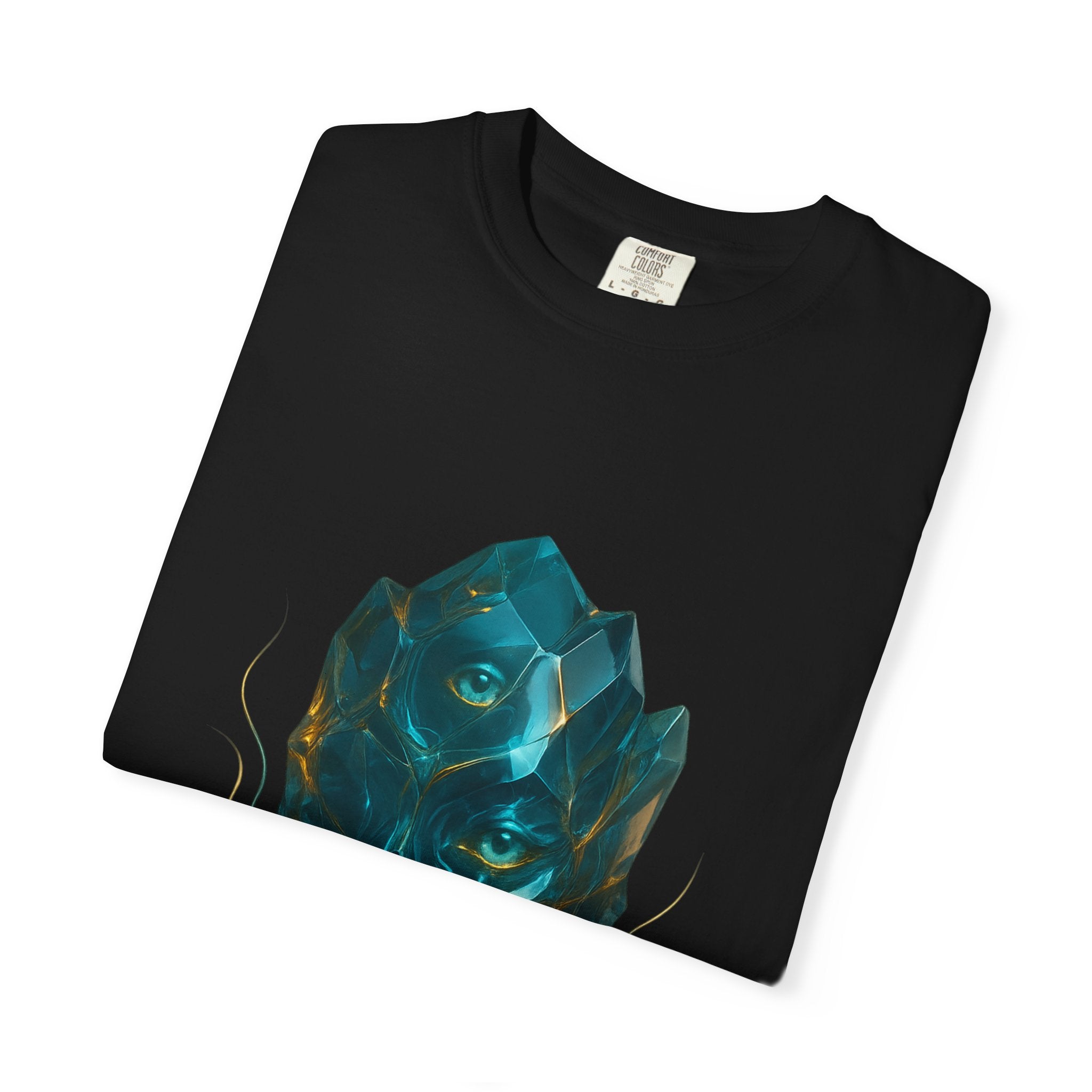 Abstract Crystal Face T-shirt | Surreal Geometric Portrait, Teal Blue