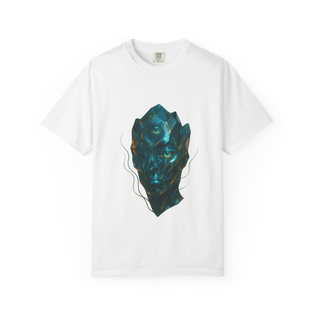 Abstract Crystal Face T-shirt | Surreal Geometric Portrait, Teal Blue