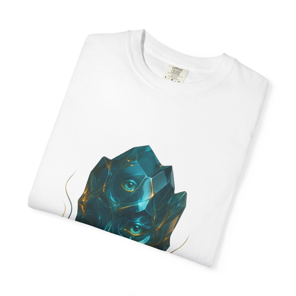 Abstract Crystal Face T-shirt | Surreal Geometric Portrait, Teal Blue