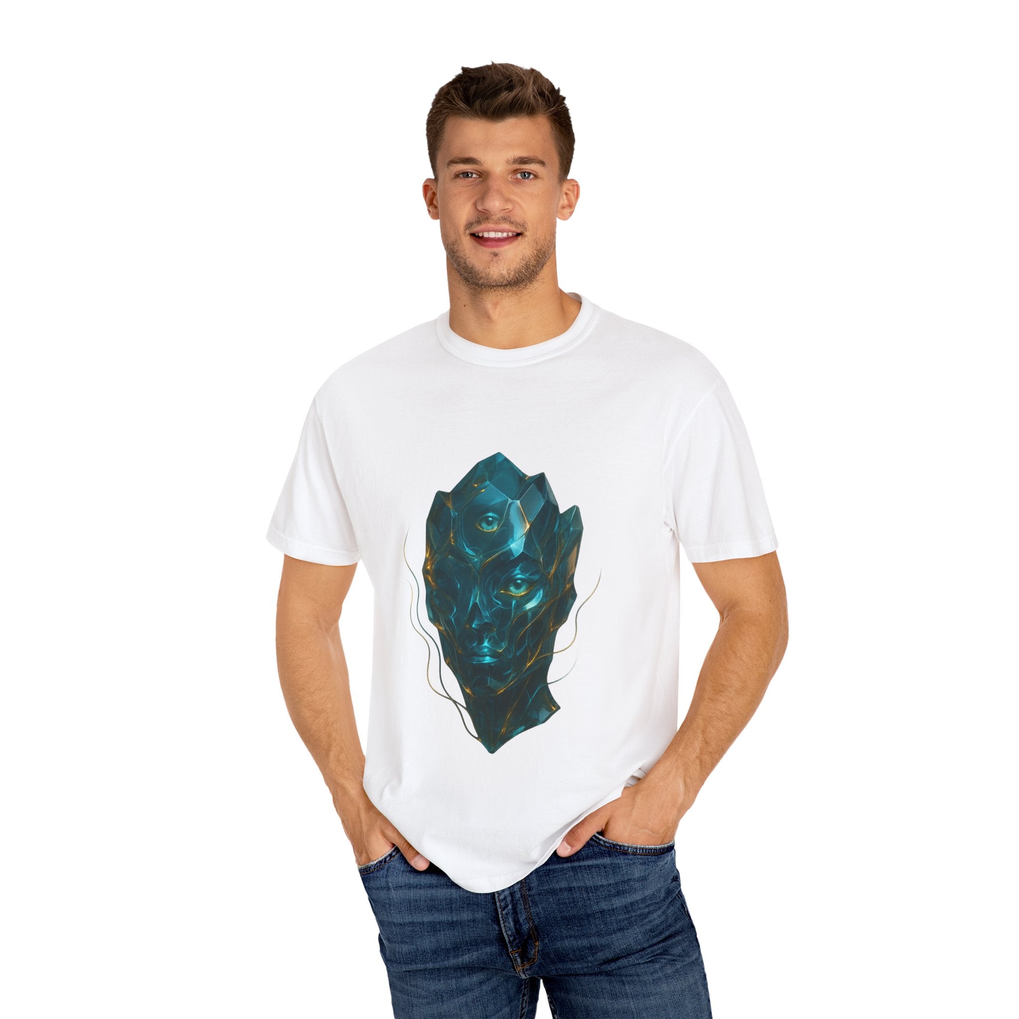 Abstract Crystal Face T-shirt | Surreal Geometric Portrait, Teal Blue