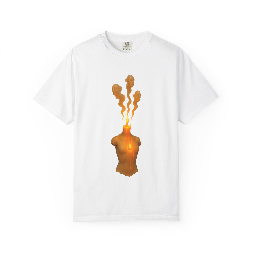 Burning Torso Candle T-Shirt — Artistic Surreal Flame Graphic Tee