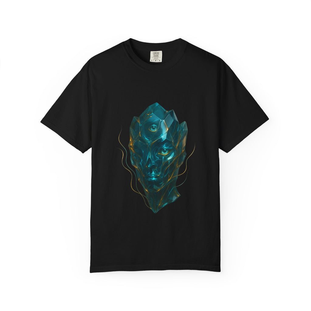 Abstract Crystal Face T-shirt | Surreal Geometric Portrait, Teal Blue