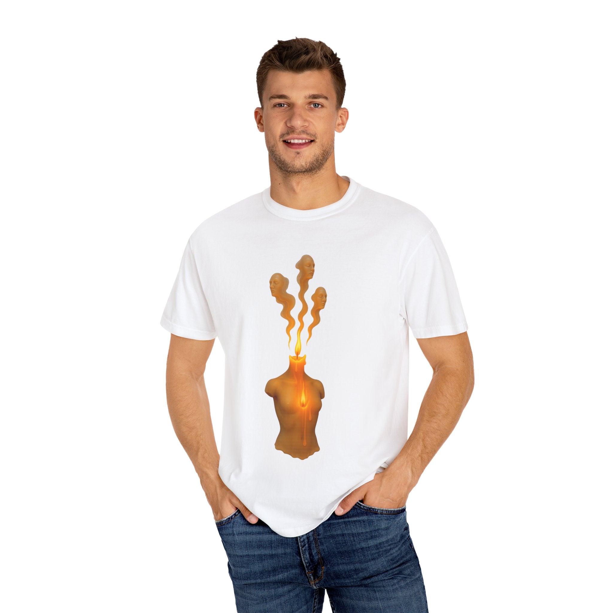 Burning Torso Candle T-Shirt — Artistic Surreal Flame Graphic Tee