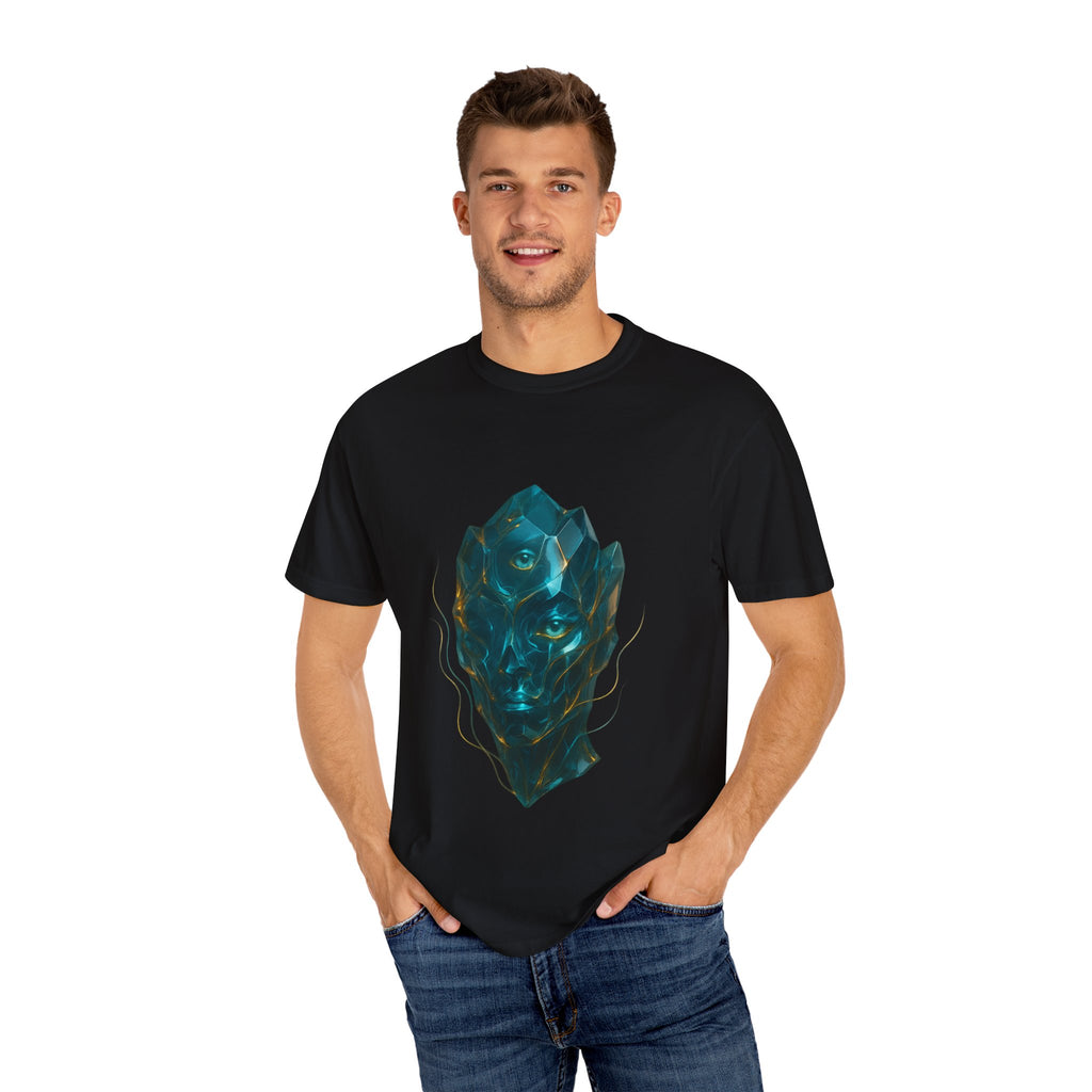 Abstract Crystal Face T-shirt | Surreal Geometric Portrait, Teal Blue