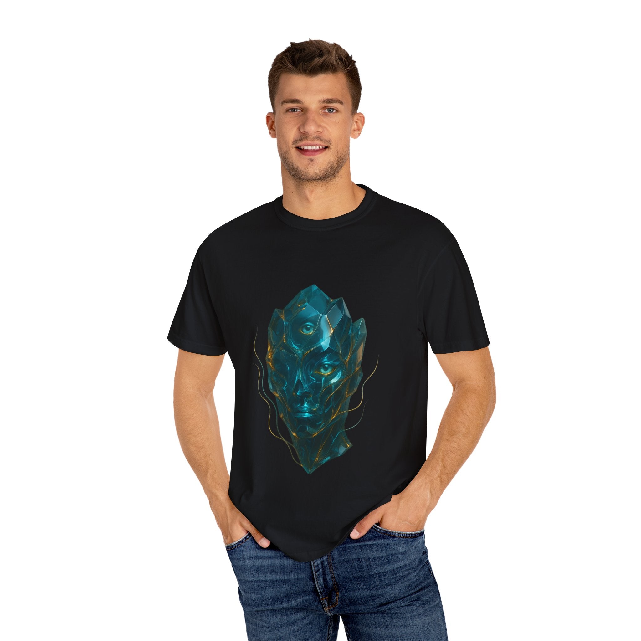 Abstract Crystal Face T-shirt | Surreal Geometric Portrait, Teal Blue
