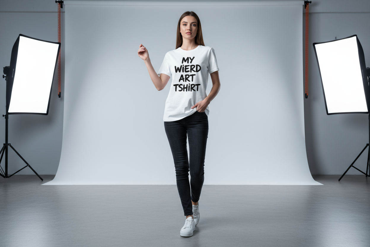 Want a image of model wearing a tshirt saying MY WIERD ART TSHIRT 